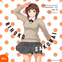 1girl amagami arm_up black_bow black_bowtie bow bowtie brown_eyes brown_hair brown_sweater character_name clenched_teeth commentary_request copyright_name copyright_notice grey_skirt highres kibito_high_school_uniform long_sleeves looking_at_viewer medium_hair official_art pleated_skirt sakurai_rihoko school_uniform second-party_source skirt smile solo standing sweater takayama_kisai teeth