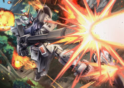 Rule 34 | commentary request, explosion, firing, foreshortening, green eyes, ground gundam, gun, gundam, gundam 08th ms team, highres, holding, holding gun, holding weapon, jungle, mecha, mecha focus, mobile suit, nature, no humans, outdoors, robot, science fiction, shield, shining shoot (pose), solo, standing, troy (oxaa01ex), v-fin, weapon