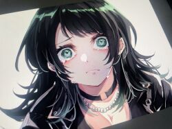 Rule 34 | 1girl, absurdres, bang dream!, bang dream! it&#039;s mygo!!!!!, biting own lip, black choker, black hair, black jacket, breasts, chain, chain necklace, choker, cleavage, commentary request, crying, crying with eyes open, green eyes, highres, jacket, jewelry, long hair, moire, necklace, nuruponnu, sidelocks, solo, tears, yahata umiri