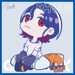 1boy ayasaka_saaya blue_border blue_hair border chibi chibi_only colored_inner_hair conch_(gundam) gloves grey_background gundam gundam_gquuuuuux looking_at_viewer lower_eyelashes_only male_focus multicolored_hair non-humanoid_robot pants red_eyes red_hair robot shirt short_hair shuji_ito simple_background sitting solo two-tone_hair white_shirt