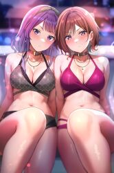 Rule 34 | 2girls, bare legs, bikini, black bikini, breasts, brown eyes, brown hair, choker, cleavage, collarbone, commentary request, feet out of frame, grey choker, hair ornament, hairclip, highres, higuchi madoka, idolmaster, idolmaster shiny colors, jewelry, knees, looking at viewer, medium breasts, mole, mole under eye, multiple girls, navel, necklace, purple bikini, purple eyes, purple hair, shiitake taishi, short hair, sitting, stomach, swimsuit, tanaka mamimi, textless version, thighs
