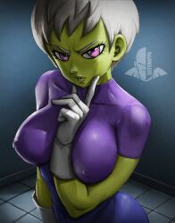1girl absurdres bodysuit breasts cheelai colored_skin covered_erect_nipples dragon_ball dragon_ball_super elite_nappa gloves green_skin hand_on_own_chest highres large_breasts lips mewing_(meme) novasayajingoku pointing pointing_at_self purple_eyes room short_hair white_hair