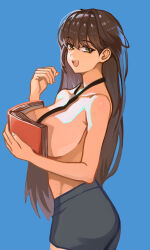 Rule 34 | 1girl, alternate breast size, black necktie, blue background, blue skirt, book, book on breasts, breasts, collarbone, commentary request, cowboy shot, from side, goddess of victory: nikke, hand up, highres, holding, holding book, huge breasts, long hair, looking at viewer, marciana (nikke), miniskirt, necktie, open mouth, simple background, skirt, smile, solo, teeth, topless female, upper teeth only, vincentsu, yellow eyes