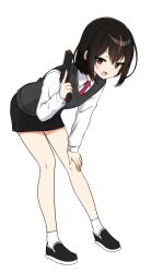 Rule 34 | 1girl, :d, black hair, black shoes, black skirt, blush, brown eyes, brown hair, collared shirt, fang, full body, gun, highres, holding, holding gun, holding weapon, leaning forward, multicolored hair, nanju bami, necktie, open mouth, original, piston, red necktie, shirt, shoes, simple background, skirt, smile, socks, solo, standing, streaked hair, sweater vest, weapon, weapon request, white background, white shirt, white socks