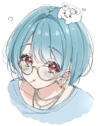 Rule 34 | 1girl, ?, blue hair, blue shirt, cropped shoulders, earrings, glasses, jewelry, looking at viewer, mouth hold, necklace, opera (rawz3335), orange eyes, shiranami ramune, shiranami ramune (4th costume), shirt, solo, stuffed toy, t-shirt, virtual youtuber, vspo!, white background