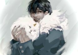 1boy 1other :d animal biyoo_(omniscient_reader&#039;s_viewpoint) black_eyes black_hair coat dokkaebi double-parted_bangs fur_collar grin hair_between_eyes holding holding_animal kim_dokja looking_at_viewer macaronijail omniscient_reader&#039;s_viewpoint open_mouth short_hair smile snowing upper_body white_background winter_clothes winter_coat