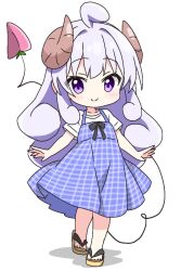 1girl ahoge blush brown_horns brown_sandals closed_mouth commentary_request curled_horns curly_hair demon_girl demon_tail dress full_body horns kotatsu-mazoku lilith_(machikado_mazoku) lilith_(machikado_mazoku)_(homunculus) long_hair looking_at_viewer machikado_mazoku pinafore_dress plaid_clothes plaid_dress purple_dress purple_eyes purple_hair sandals shirt short_sleeves sidelocks simple_background sleeveless sleeveless_dress smile solo standing tail white_background white_shirt