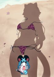 1girl absurdres animal_ears animal_print artist_name bikini bottle breasts chattino_(raora_panthera) commentary day dressed_shadow_(meme) english_commentary highres holding holding_bottle hololive hololive_english implied_nudity large_breasts leopard_print leopard_print_bikini long_hair lotion_bottle meme namiorii outdoors panther_ears panther_girl panther_tail pink_bikini raora_panthera sand side-tie_bikini_bottom standing starfish swimsuit tail twitter_username unworn_bikini virtual_youtuber