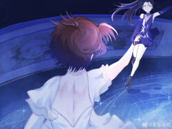 1girl 2girls black_hair brown_hair chen_chen_yige detached_sleeves figure_skating_dress from_behind hand_grab highres ice_skates ice_skating kamisaki_hikaru medalist_(manga) multiple_girls ponytail skates skating smile watermark weibo_username weibo_watermark yellow_eyes yuitsuka_inori