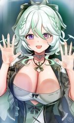 Rule 34 | 1girl, against glass, alias anono, black bow, black jacket, bow, braid, breast press, breasts, breasts on glass, cleavage, commentary, commission, dreadpunk, dress, english commentary, gradient hair, green hair, grey hair, hair between eyes, hair bow, hand on glass, heterochromia, highres, jacket, jewelry, large breasts, looking at viewer, multicolored hair, necklace, open mouth, pearl necklace, pink eyes, purple eyes, ring, second-party source, short hair, signature, solo, streaked hair, teeth, upper teeth only, v4mirai, virtual youtuber, white dress