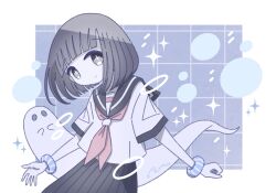 1girl artist_name blunt_bangs blunt_ends bob_cut border bracelet brown_eyes brown_hair brown_skirt circle clenched_hand commentary cross-shaped_pupils ghost grid_background highres jewelry looking_at_viewer neckerchief no_nose omochi_noa original pleated_skirt red_neckerchief school_uniform serafuku shirt short_hair short_sleeves signature skirt smile solid_oval_eyes solo sparkle symbol-shaped_pupils upper_body white_border white_serafuku white_shirt