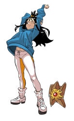 Rule 34 | 1girl, ;), absurdres, arm behind head, arm up, black hair, blue hoodie, closed mouth, commentary request, gen 1 pokemon, hair bobbles, hair ornament, hand on own arm, heydove, highres, hood, hood down, hoodie, korean commentary, lida (pokemon), long hair, navel, nintendo, one eye closed, pants, pokemon, pokemon (creature), pokemon legends: z-a, shoes, simple background, smile, socks, standing, staryu, stomach, stretching, white background, white pants, white shoes, white socks