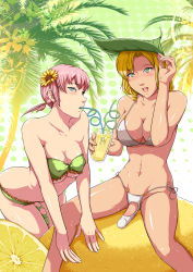2futa animeflux bikini blonde_hair blush breasts covered_erect_nipples drinking_straw drinking_straw_in_mouth fingernails flower food frilled_bikini frills fruit futanari green_bikini green_eyes hair_flower hair_ornament hair_tie highres large_breasts leaf leaf_on_head lemon lemonade medium_breasts multiple_futa navel original palm_tree panties penis_ornament penis_sheath pink_hair shiny_skin short_hair side-tie_panties sitting strapless strapless_bikini sunflower sunflower_hair_ornament swimsuit tree underwear wet white_bikini