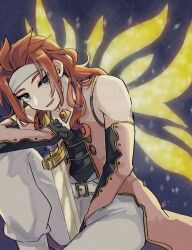 black_shirt blue_eyes diamond_(shape) gloves headband highres jacket long_hair looking_at_viewer mametaro_(ma_me_ta_ro) pants pink_gloves pink_jacket red_hair shirt sitting sleeveless sleeveless_shirt spoilers sword tales_of_(series) tales_of_symphonia weapon white_headband white_pants wings zelos_wilder