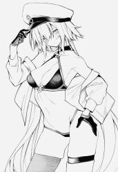 10mo 1girl bikini blush breasts cowboy_shot fate/grand_order fate_(series) gloves greyscale halterneck hat highleg highleg_bikini highres jacket jacket_partially_removed jeanne_d&#039;arc_alter_(fate) jeanne_d&#039;arc_alter_(swimsuit_berserker)_(fate) long_hair long_sleeves looking_at_viewer medium_breasts monochrome navel peaked_cap simple_background sketch skindentation solo swimsuit thigh_strap