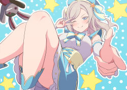 Rule 34 | 1girl, absurdres, bare legs, beret, bloomers, blue background, blue eyes, blue hat, blush, breasts, ceras yanagida lilienfeld, ceras yanagida lilienfeld (mahou shoujo rhythmic heart), convenient leg, detached sleeves, dress, fingernails, floating, grey hair, hair ribbon, hat, hat ornament, highres, large breasts, link! like! love live!, long hair, love live!, magical girl, official alternate costume, one eye closed, pointing, pointing at viewer, polka dot, polka dot background, ribbon, shoes, short dress, smile, smug, solo, star (symbol), star hat ornament, star symbol background, stuffed animal, stuffed rabbit, stuffed toy, underbust, underwear, upskirt, v, v over eye, yellow corset, zanpon
