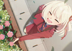 1girl :d ^_^ blonde_hair breasts closed_eyes day from_above hair_ribbon highres large_breasts leaf lycoris_recoil mochi_(m0chi0000) nishikigi_chisato open_mouth outdoors outstretched_arm pink_hair red_ribbon ribbon short_hair smile solo