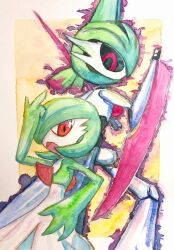 1girl 1other arm_blade arm_up aura black_sclera blue_hair bob_cut border colored_sclera colored_skin flat_chest from_behind gardevoir gen_3_pokemon gen_9_pokemon green_hair green_skin hair_over_one_eye highres humanoid_robot iron_valiant joints keishi_(pixiv_1245064) looking_at_another looking_at_viewer looking_back mohawk multicolored_hair multicolored_skin nintendo one_eye_covered open_mouth outside_border painting_(medium) persona pokemon pokemon_(creature) red_eyes red_hair robot robot_joints short_hair simple_background standing traditional_media twintails two-tone_skin watercolor_(medium) weapon white_border white_skin yellow_background
