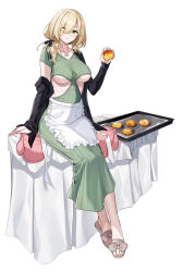 1girl agnes_abigail apron arm_support black_ribbon black_shirt blonde_hair bow breasts bright_pupils clothing_cutout commentary counter:side dress egg_tart food food_bite footwear_bow frilled_apron frills full_body green_eyes hair_between_eyes hair_over_one_eye hair_ribbon heterochromia highres holding holding_food jewelry large_breasts light_smile long_hair long_sleeves looking_at_viewer low_side_ponytail mismatched_pupils mittens necklace official_art oven_mitts parted_lips pendant pink_mittens ribbed_dress ribbon sandals shirt side_cutout simple_background single_off_shoulder sitting sitting_on_table slides solo tablecloth tray underboob underboob_cutout unworn_mittens waist_apron white_apron white_background white_pupils yellow_eyes