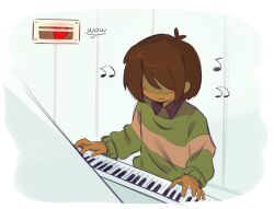 2others antenna_hair blush brown_hair colored_skin commentary deltarune english_commentary english_text fafameow green_sweater hair_between_eyes happy heart instrument kris_(deltarune) multiple_others music musical_note piano playing_instrument playing_piano shaded_face short_hair simple_background smile striped_clothes striped_sweater sweater upper_body vent_(object) white_background
