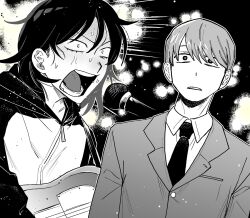 1boy 1girl blazer blush collared_shirt commentary_request electric_guitar futsuu_no_keion-bu greyscale guitar guitar_strap hatono_chihiro highres hood hood_down hooded_jacket instrument jacket lapels microphone monochrome music necktie notched_lapels open_mouth parted_lips sanpaku scene_reference school_uniform search_sausouc shirt short_hair singing sweat takami_kouki teeth upper_body v-shaped_eyebrows