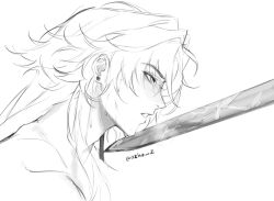 1boy blade_(honkai:_star_rail) blush breath close-up earrings exhausted from_side greyscale highres honkai:_star_rail honkai_(series) implied_nudity jewelry long_hair looking_ahead male_focus monochrome ozho_z simple_background solo stud_earrings sweat sword sword_to_throat twitter_username weapon white_background
