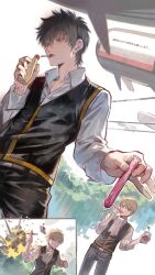 Rule 34 | 2boys, black eyes, black hair, black pants, brown hair, cigarette, collared shirt, explosion, gintama, highres, hijikata toushirou, holding, kyuuba melo, looking at another, male focus, marshmallow (site), mouth hold, multiple boys, okita sougo, pants, red eyes, running, shirt, short hair, standing, translation request, white shirt