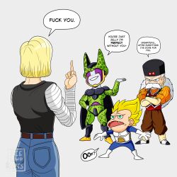 1girl 3boys absurdres acelewdarts android_18 cell_(dragon_ball) dr._gero_(dragon_ball) dragon_ball english_text grey_background highres middle_finger multiple_boys speech_bubble super_saiyan tagme vegeta