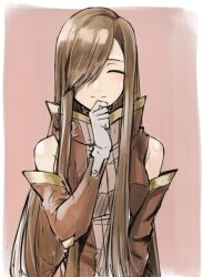 1girl bare_shoulders breasts brown_dress brown_hair brown_sleeves closed_eyes closed_mouth detached_sleeves dress facing_viewer gloves hair_over_one_eye hand_on_own_chin high_collar light_blush long_hair medium_breasts rourou_ill sidelocks sleeveless sleeveless_dress smile solo straight-on straight_hair tales_of_(series) tales_of_the_abyss tear_grants upper_body white_gloves