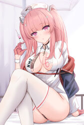 1girl azur_lane black_choker black_panties blue_jacket blush breasts choker collared_dress dress gloves habu_rin hat highres holding holding_syringe jacket large_breasts long_hair long_sleeves looking_at_viewer nurse_cap open_mouth panties perseus_(azur_lane) perseus_(unfamiliar_duties)_(azur_lane) pink_eyes pink_gloves pink_hair sitting solo syringe thighhighs thighs twintails underwear white_dress white_hat white_thighhighs