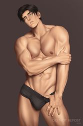 1boy abs absurdres artist_name bara batman_(series) black_hair blue_eyes bulge dc_comics dick_grayson highres hyorasei large_pectorals looking_at_viewer male_focus muscular muscular_male navel nipples parted_lips pectorals short_hair simple_background solo thick_thighs thighs topless_male