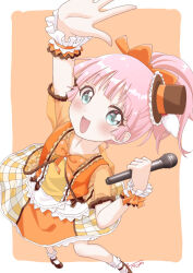 Rule 34 | 1girl, :d, aqua eyes, blush, border, brown shoes, costume request, dress, frills, full body, hair bobbles, hair ornament, hand up, hat, holding, holding microphone, idol clothes, light blush, loafers, looking at viewer, machiyama akane, microphone, mini hat, open mouth, orange background, pink hair, shoes, short hair, short sleeves, simple background, smile, socks, solo, top hat, twintails, white border, white socks, yellow dress, yoshikawa chinatsu, yuru yuri