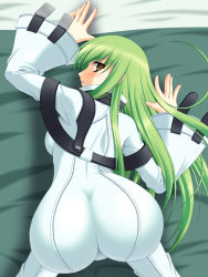 1girl abu all_fours ass back bed bed_sheet blush bodysuit c.c. code_geass curvy female_focus from_above green_hair hip_focus long_hair looking_back smile solo top-down_bottom-up trefoil wide_hips yellow_eyes