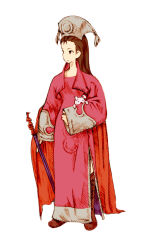 1girl boots brown_hair cape female_focus final_fantasy final_fantasy_tactics full_body hat idolmaster idolmaster_(classic) idolmaster_1 knee_boots long_hair minase_iori orator_(fft) parody robe simple_background solo stuffed_animal stuffed_rabbit stuffed_toy style_parody wand zearthp