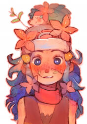 Rule 34 | 1girl, beanie, blue eyes, blue hair, dawn (pokemon), flower, flower on head, freckles, gen 4 pokemon, hair flower, hair ornament, hairclip, hat, highres, legendary pokemon, looking at viewer, miuwis, mythical pokemon, nintendo, open mouth, plant, pokemon, pokemon (creature), pokemon dppt, red scarf, scarf, shaymin, shaymin (land), white background, white hat