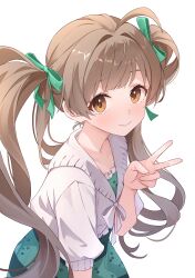 1girl absurdres ahoge b1ack_illust blush brown_eyes brown_hair cardigan closed_mouth dress floral_print_dress green_dress green_ribbon hair_ribbon hakozaki_serika hand_up highres idolmaster idolmaster_million_live! lips long_hair looking_at_viewer print_dress ribbon simple_background smile solo twintails upper_body v white_background white_cardigan