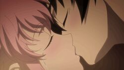 1boy 1girl amano_yukiteru animated animated_gif anime_screenshot bed bed_sheet black_hair blush breasts closed_eyes crying gasai_yuno holding_hands imminent_penetration implied_penetration implied_sex kiss long_hair mirai_nikki moaning nipples nude open_mouth pink_hair pov short_hair