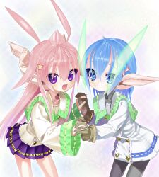Rule 34 | 2girls, axiacid, black pantyhose, blue eyes, blue hair, brown gloves, closed mouth, collared dress, collared shirt, commentary request, cowboy shot, dress, gloves, grey shirt, hair between eyes, hair ears, hair flaps, hair ornament, highres, holding hands, long hair, long pointy ears, long sidelocks, long sleeves, looking at viewer, medium hair, multiple girls, open mouth, original, pantyhose, pink hair, pleated skirt, pointy ears, purple eyes, purple skirt, ribbon-trimmed sleeves, ribbon trim, shirt, sidelocks, skirt, smile, star (symbol), star hair ornament, star in eye, suzuka sutera (axiacid), symbol in eye, topknot, turtleneck, turtleneck shirt, very long hair, white dress, white shirt, wide sleeves