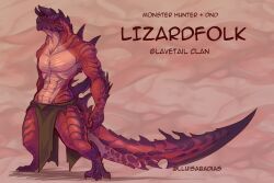 1boy abs absurdres artist_name blue_eyes brown_loincloth dragon_boy dungeons_&amp;_dragons english_text full_body furry glavenus highres horns lizardman lluisabadias loincloth male_focus monster monster_hunter_(series) muscular muscular_male no_nipples pectorals red_scales reptile_boy solo spikes standing tail topless_male