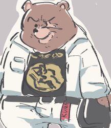 1boy animal_ears bear_boy bear_ears ben_bigger black_tank_top commentary english_commentary furry furry_male jacket looking_at_viewer male_focus meme negigigi pants scar scar_across_eye scar_on_face tank_top white_jacket white_pants winnie_the_pooh zenless_zone_zero