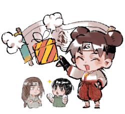 1girl 2boys :o black_gloves black_hair bowl_cut box brown_hair chibi chibi_only closed_eyes closed_mouth double_bun fingerless_gloves forehead_protector gift gift_box gloves hair_bun hyuuga_neji konohagakure_symbol long_hair multiple_boys naruto_(series) naruto_shippuuden open_mouth pants pzombie_(sabitsuki2) rock_lee scroll shirt short_hair smile tenten_(naruto) white_background white_eyes white_shirt