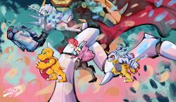 1girl absurdres agumon bare_shoulders black_bra black_thighhighs blue_camisole blue_eyes bra camisole cape commentary dated digimon digimon_(creature) digimon_story:_cyber_sleuth english_commentary from_side gabumon green_eyes gundam gundam_gquuuuuux high_heels highres horns jacket mecha omegamon open_clothes open_jacket parody pink_jacket red_cape red_eyes red_hair robot running shiramine_nokia single_horn thighhighs underwear zinonu20