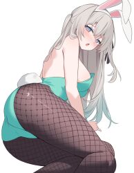 1girl @_@ alternate_costume animal_ear_hairband animal_ears arm_support ass bare_shoulders black_pantyhose blue_eyes blush breasts commentary fake_animal_ears fake_tail feet_out_of_frame firefly_(honkai:_star_rail) fishnet_pantyhose fishnets gradient_hair green_hair green_leotard grey_hair hairband highres hitsukuya honkai:_star_rail honkai_(series) large_breasts leotard long_hair looking_at_viewer lying multicolored_eyes multicolored_hair on_side open_mouth pantyhose purple_eyes rabbit_ear_hairband rabbit_ears rabbit_tail simple_background solo strapless strapless_leotard symbol-only_commentary tail thighs two-tone_eyes white_background