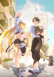 1152474962 1boy 1girl absurdres artoria_caster_(fate) artoria_caster_(swimsuit_berserker)_(fate) artoria_caster_(swimsuit_berserker)_(first_ascension)_(fate) artoria_pendragon_(fate) asymmetrical_legwear baseball_cap bikini black_hair black_pants blonde_hair blue_eyes breasts building fate/grand_order fate_(series) fujimaru_ritsuka_(male) fujimaru_ritsuka_(male)_(summer_street) green_eyes hat highres holding holding_another&#039;s_wrist hood hoodie long_hair navel pants pointing shoes short_hair shrug_(clothing) sky small_breasts swimsuit twintails very_long_hair white_bikini white_hat white_hoodie white_shoes white_shrug
