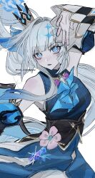 Rule 34 | 1girl, bare shoulders, blue dress, blue eyes, blunt bangs, breasts, cerydra (honkai: star rail), crown, detached sleeves, dress, grey hair, highres, honkai: star rail, honkai (series), long hair, long sleeves, looking at viewer, mini crown, ox xohappy, parted lips, sleeveless, sleeveless dress, small breasts, solo, very long hair, white background