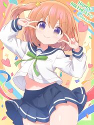 1girl 2025 birthday blue_sailor_collar blue_skirt cartelet_cocoa clothes_lift confetti dated double_v english_text feet_out_of_frame female_focus hair_between_eyes hair_ornament happy_birthday heart heart_(symbol) koisuru_asteroid konohata_mira legs long_sleeves looking_at_viewer multicolored_eyes navel orange_hair sailor_collar school_uniform serafuku shiny_skin shirt shirt_lift short_hair skirt skirt_lift smile solo sparkle standing star_(symbol) star_hair_ornament v white_shirt