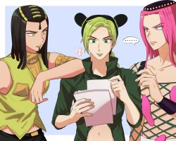 1boy 2boys black_hair double_bun dreadlocks ermes_costello fishnet_top fishnets green_hair green_jacket hair_bun hat highres jacket jojo_no_kimyou_na_bouken kuujou_jolyne long_hair multicolored_hair multiple_boys narciso_anasui paper pink_hair reading road9ame sleeveless sleeveless_turtleneck stone_ocean turtleneck two-tone_hair vest