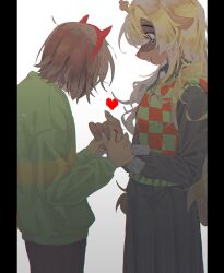 1girl 1other 673_q black_shirt black_skirt blonde_hair brown_hair checkered_clothes checkered_sweater_vest commentary deer_girl deltarune demon_horns fake_horns furry furry_female green_shirt green_sweater_vest hashtag-only_commentary heart highres holding_hands horn_hairband horns jewelry kris_(deltarune) long_hair long_sleeves noelle_holiday pillarboxed pixel_heart red_horns ring shirt short_hair skirt soul_(deltarune) striped_clothes striped_shirt sweater_vest thorn_ring_(deltarune) weird_route_(deltarune)