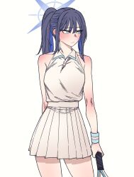 1girl absurdres alternate_costume anygatsby blue_archive blue_hair blush breasts collared_shirt commentary cowboy_shot halo highres holding_tennis_racket long_hair looking_to_the_side medium_breasts miniskirt multicolored_hair pleated_skirt ponytail ringed_eyes saori_(blue_archive) shirt shirt_tucked_in sidelocks simple_background skirt sleeveless sleeveless_shirt solo thighs two-tone_hair white_background white_shirt white_skirt wristband