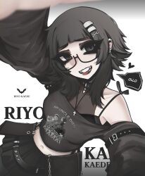 1girl absurdres arm_out_of_frame arm_up biting_own_tongue black-framed_eyewear black_bra black_choker black_eyes black_hair black_lips black_shirt black_skirt blunt_bangs blurry blurry_foreground bra breasts character_name character_print choker clothes_writing commentary cross cross_necklace ear_piercing eyelashes glasses hair_ornament hairclip heart highres jewelry long_sleeves looking_at_viewer medium_hair midriff mikuneki navel necklace original parallel_hairclips piercing riyo_kaede_(mikuneki) rowley_jefferson semi-rimless_eyewear shirt single_bare_shoulder skirt smile solo speech_bubble spider-man teeth tongue tongue_out under-rim_eyewear underwear white_background x_hair_ornament